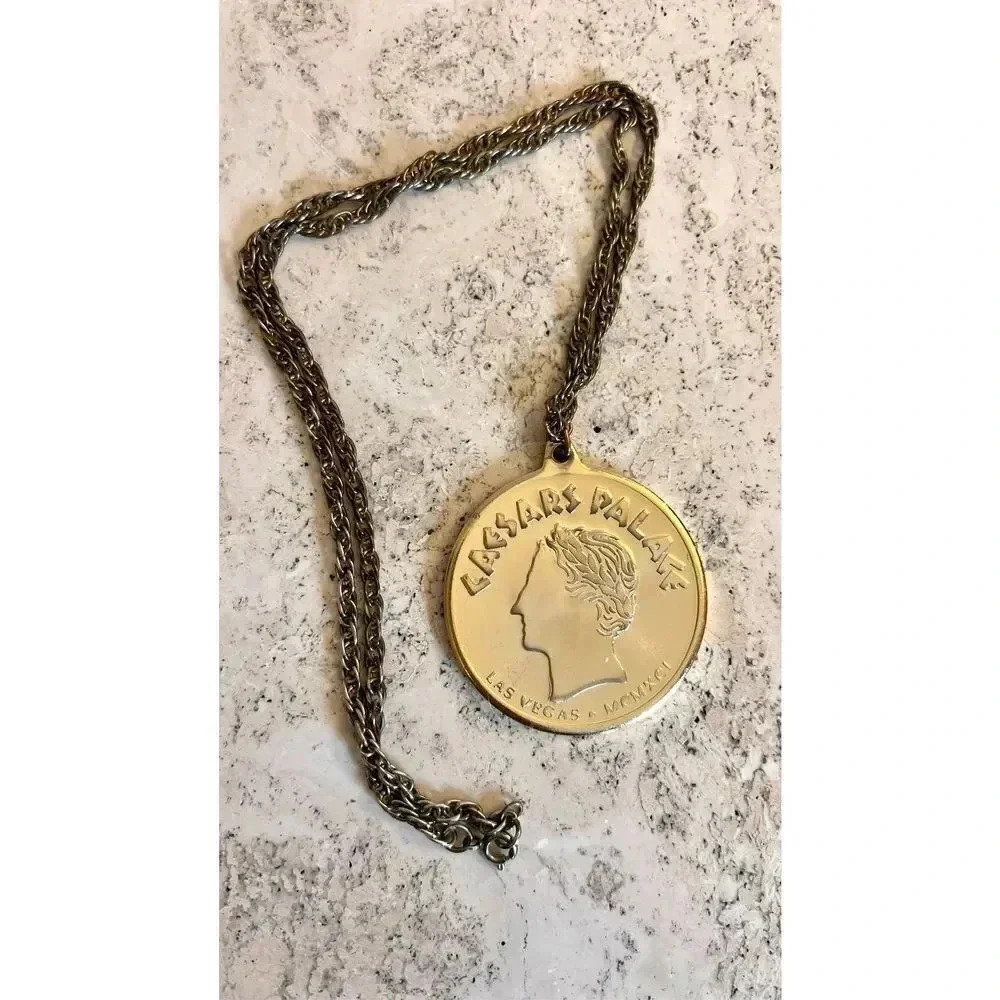 Vintage Caesars Palace Las Vegas Coin Chain MCMXCI Gold Tone Medallion Necklace
